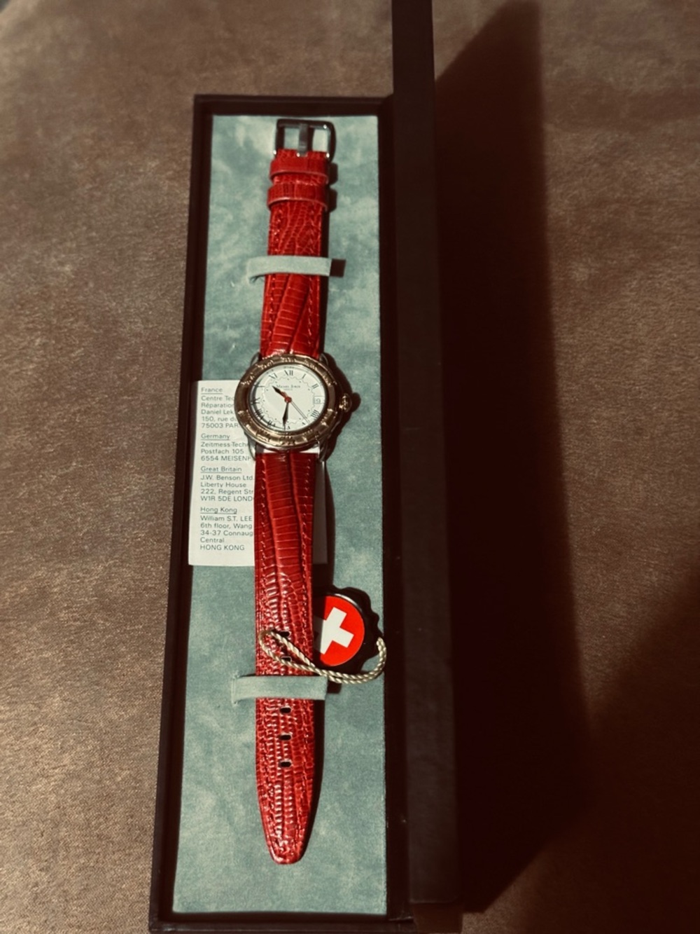 Michel Jordi Geneva Red Leather Strap Wristwatch with Swiss Tag